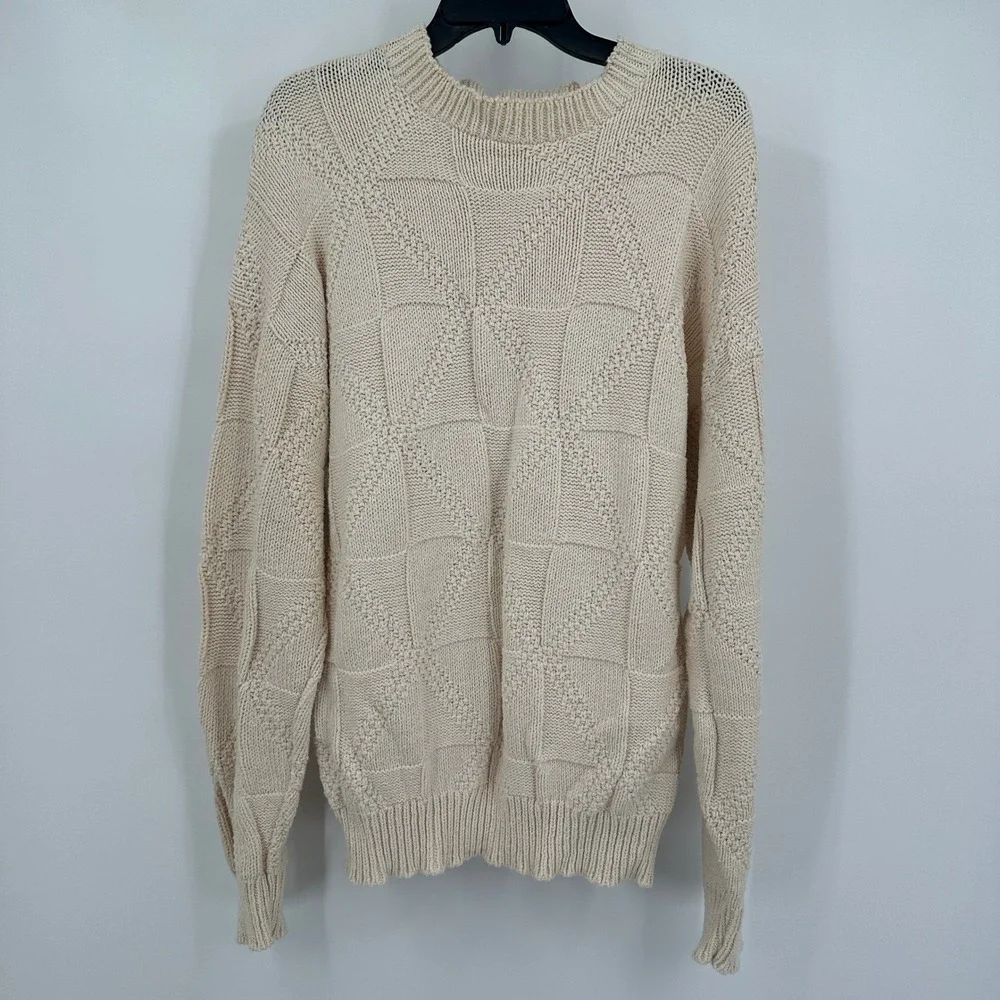Womens Vintage Preppy Cable Knit Fisherman Sweater Sz XL Cream Cotton Minimalist